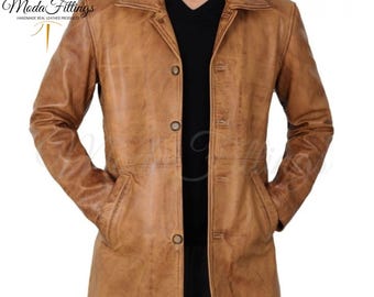 Men's Brown Leather Car Coat | Mid-Length Vintage Leather Jacket | Sheepskin Leather Coat | Button-Up Leather Blazer Men | Mens Winter Coat