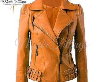 Chaqueta de cuero marrón para mujer / Chaqueta de piel de oveja hecha a mano / Chaqueta de motociclista para mujer / Chaqueta de cuero auténtico para mujer / Regalo para ella
