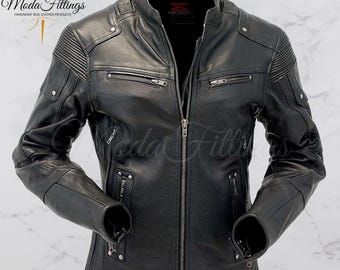 Men's Black Sheepskin Leather Biker Jacket | Quilted Moto Jacket