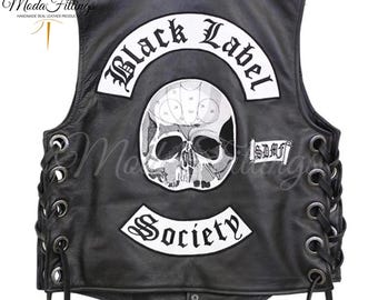 Mens Black Label Society Vest With Embroidered Patches | Sheepskin Motorcycle Leather Vest | Genuine Leather Vest For Men Leather Biker Vest