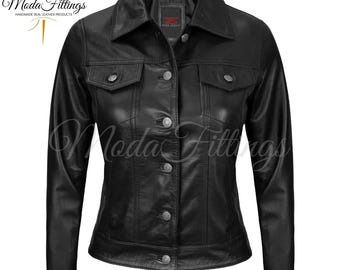 Women's Black Leather Trucker Jacket | Handmade Sheepskin Jacket | Denim Style Trucker Leather jacket | Business Casual Jacket | Gift