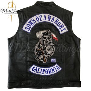 Mens Son Of Anarchy Black Leather Vest | Blue Embroidered Patches Motorcycle Vest | SAMCRO Leather Vest For Men | Leather Biker Vest | Gift