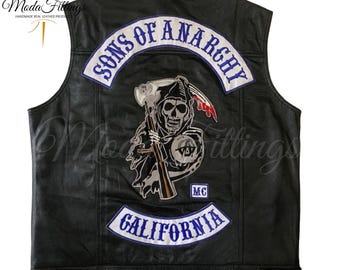Handmade Men's Sons Of Anarchy Redwood Original Biker Vest With Embroidered Patches | Real Sheepskin TV Series Jacket