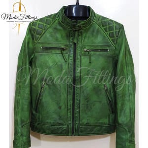 Men's Green Leather Jacket | Handmade Genuine Sheepskin Jacket | Leather Biker Jacket | Quilted Leather Motorcycle Jacket | Gift for Him