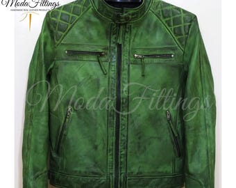 Men's Green Leather Jacket | Handmade Genuine Sheepskin Jacket | Leather Biker Jacket | Quilted Leather Motorcycle Jacket | Gift for Him