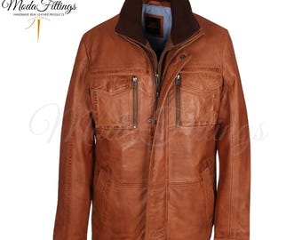 Men's Brown Field Jacket With Cotton Lining | Sheepskin Leather Safari Jacket With Multiple Pockets | Long Leather Jacket | Leather Coat Men