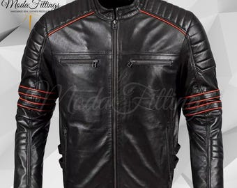 Men's Black Sheepskin Leather Biker Jacket with Red Stripes | Real Leather Jacket | Mens Motorcycle Leather Jackets For Men | Gift For Him