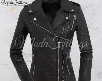 Women's Black Leather Biker Jacket Slim Fit Moto Jacket | Sheepskin Genuine Leather Jacket