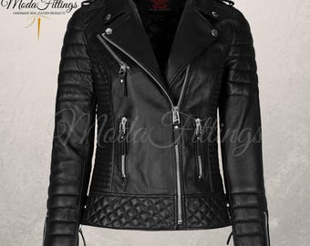 Women's Handmade Black Leather Motorcycle Jacket | Genuine Sheepskin Quilted Biker Jacket Women