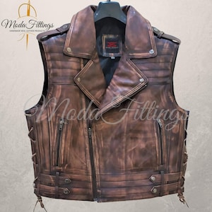 Débardeur en cuir marron pour homme | Veste sans manches en cuir de mouton pour homme | Gilet de moto en cuir pour hommes | Veste de motard en cuir effet vieilli | Cadeau pour lui