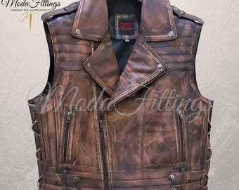 Mens Brown Leather Vest | Sheepskin Leather Vest For Men | Men's Leather Motorcycle Vest | Distressed Leather Biker Vest | Gift For Him