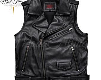 Mens Black Sheepskin Leather Biker Vest | Asymmetrical Zipper Style Vest