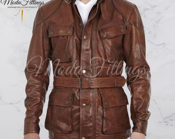 Benjamin Button Leather Jacket: Mens Brown Sheepskin Field Coat