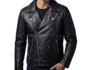 May include: A black leather motorcycle jacket featuring an asymmetrical front zipper, wide notched lapels with silver-tone snaps, multiple zippered pockets, ribbed shoulder detailing, and adjustable side buckles at the waist hem.