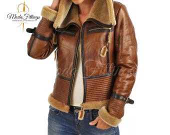 Women Brown Leather Jacket | B3 Sheep Leather Jacket | Bomber Leather Jacket | Women's Shearling Jacket | RAF Aviator Jacket | Gift For Her