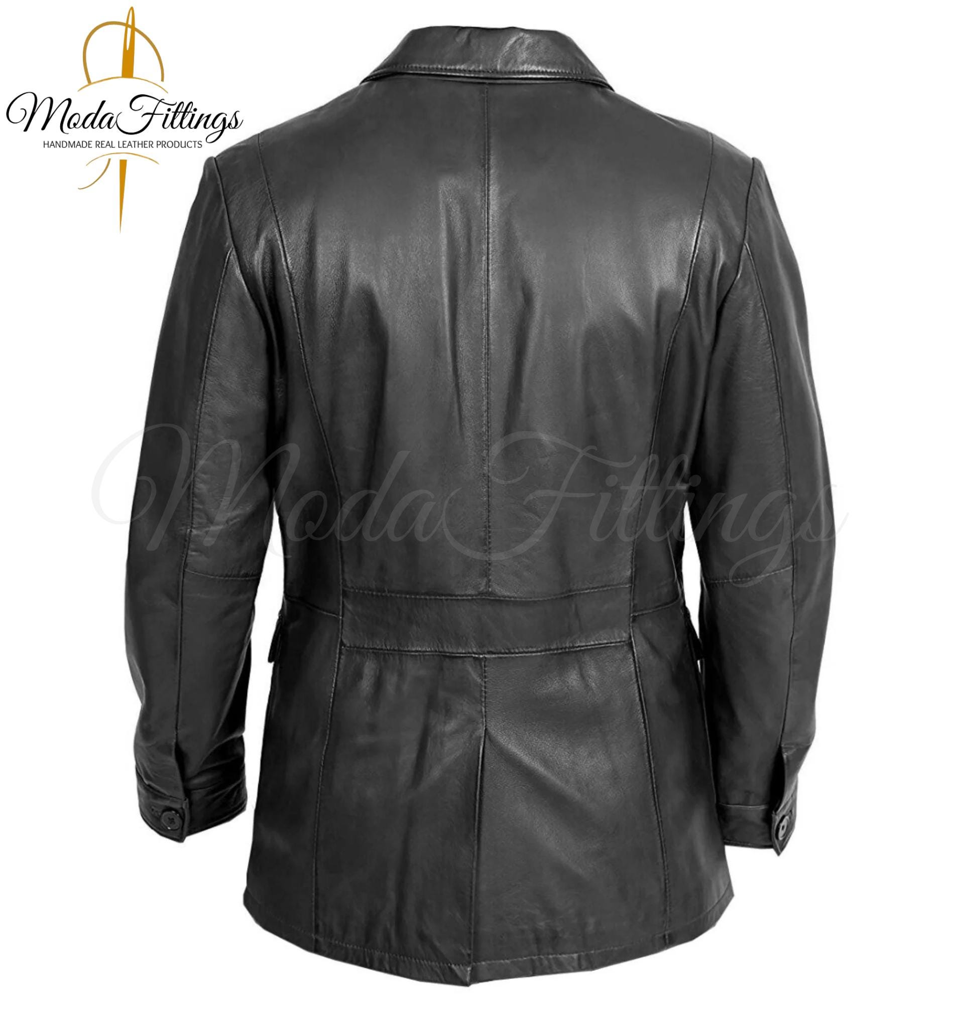 Chaqueta safari de cuero negro para hombre Chaqueta de piel de