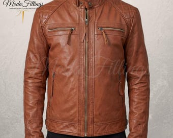 Men's Brown Leather Biker Jacket | Quilted Sheepskin Jacket | Leather Motorcycle Jacket | Real Leather Jacket | Gift For Him