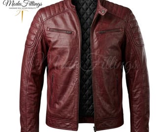 Mens Burgundy Leather Motorcycle Jacket | Sheep Leather Moto Jacket