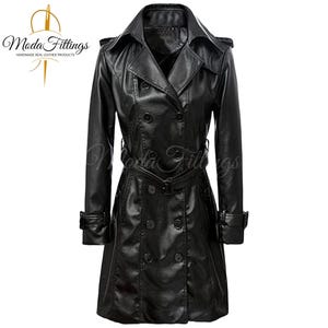 Women&#39;s Black Leather Coat | Genuine Sheep Leather Coat | Leather Long Coat | Womens Double- Breasted Trench Coat | Winter Leather Coat