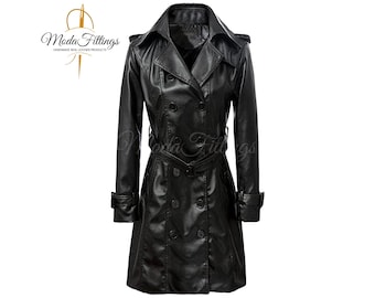 Women's Black Leather Coat | Genuine Sheep Leather Coat | Leather Long Coat | Womens Double- Breasted Trench Coat | Winter Leather Coat