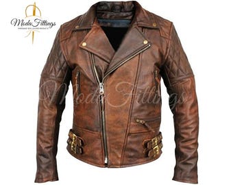 Mens Brown Leather Motorcycle Jacket | Sheepskin Cafe Racer Genuine Leather Jacket | Biker Jacket