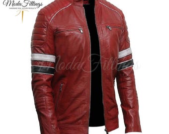 Handmade Men's Red Leather Motorcycle Jacket With Black & White Stripes - Real Sheepskin Biker Jacket