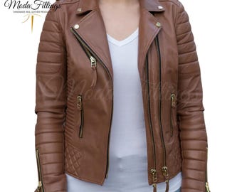 Womens Brown Leather Jacket | Double Zipper Handmade Genuine Leather Biker Jacket Women