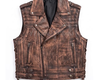 Herren Braun Lederweste | Schaffelllederweste für Herren | Herren Leder Motorradweste | Beunruhigt Leder Biker Weste | Geschenk für Ihn