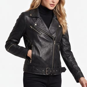 Jaqueta feminina de couro preto | Jaqueta de couro de cordeiro genuíno | Jaqueta feminina de couro para motociclista | Jaqueta feminina de couro estilo motociclista | Jaqueta para motociclista