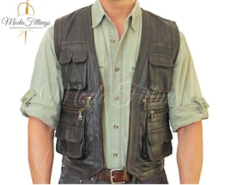 Mens Brown Leather Vest | Sheepskin Rub Off Leather Vest | Safari Vest | Men's Hunting Vest With Front Pockets And Flaps | Leather Vest Mens