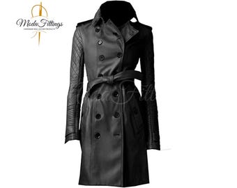 Women's Black Leather Coat | Genuine Sheepskin Leather Coat Women | Womens Trench Coat | Double Breasted Long coat | Leather Coats For Women