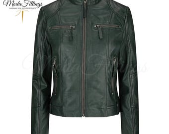 Handmade Women's Green Leather Jacket | Real Sheepskin Motorcycle Jacket Women