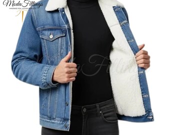 Men's Blue Sherpa Lined Denim Trucker Jacket - Slim Fit Casual Jacket For Men