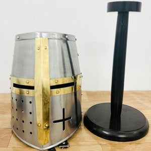 Medieval Templar Helmet With Free Wooden Stand image 3