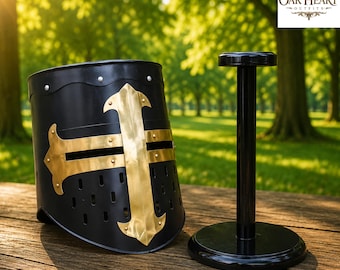 Medieval Crusader Helmet with Wooden Stand – Black Knight Armor Helm for LARP