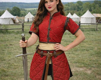 Witcher Red Gambeson Costume – Medieval LARP Armor with Tan Leather Trim