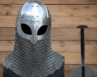 18 Gauge Viking Chainmail Helmet – Medieval Battle Armor with Free Stand