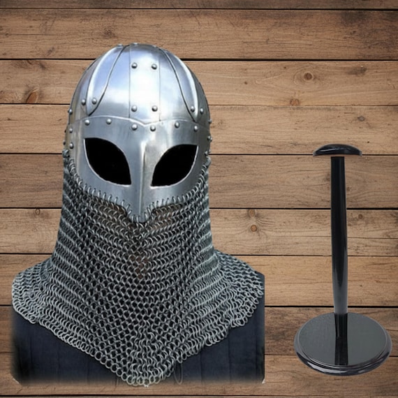 18 Gauge Viking Chainmail Helmet – Medieval Battle Armor with Free Stand