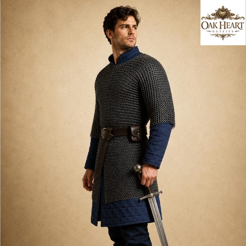 May include: A medieval-style outfit featuring a chainmail shirt, blue quilted undergarments, and a brown leather belt with a pouch. The outfit includes a long sword. The Oak Heart Outfits logo is in the upper right corner.