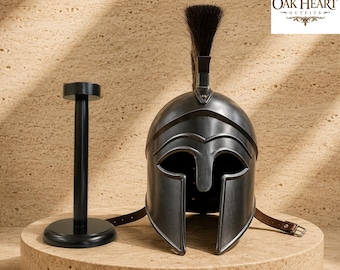 Greek Corinthian Helmet with Wooden Stand | Medieval Steel Spartan Armor