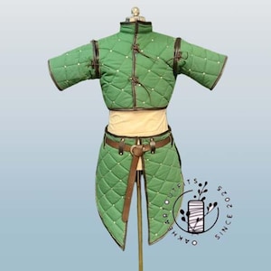 Female Gambeson - Cotton Padded with Brown Leather Trim Medieval Costume Renfaire & Larp, Easter day