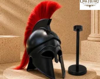 Réplica de casco corintio espartano con soporte de madera / Armadura de guerrero griego
