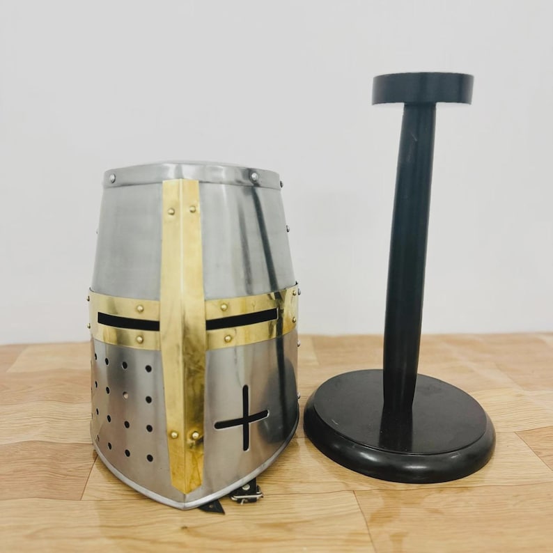 Medieval Templar Helmet With Free Wooden Stand image 8