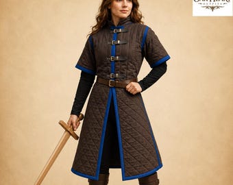 Brown Medieval Gambeson with Blue Trim, Quilted Cotton Armor, HEMA Jacket, LARP Costume,