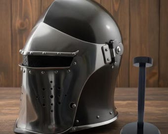 Medieval Barbuta Helmet Armor with Inner Leather Liner, Free Wooden Stand