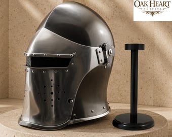 Casco de acero Barbuta con forro de cuero – Réplica de armadura de caballero medieval