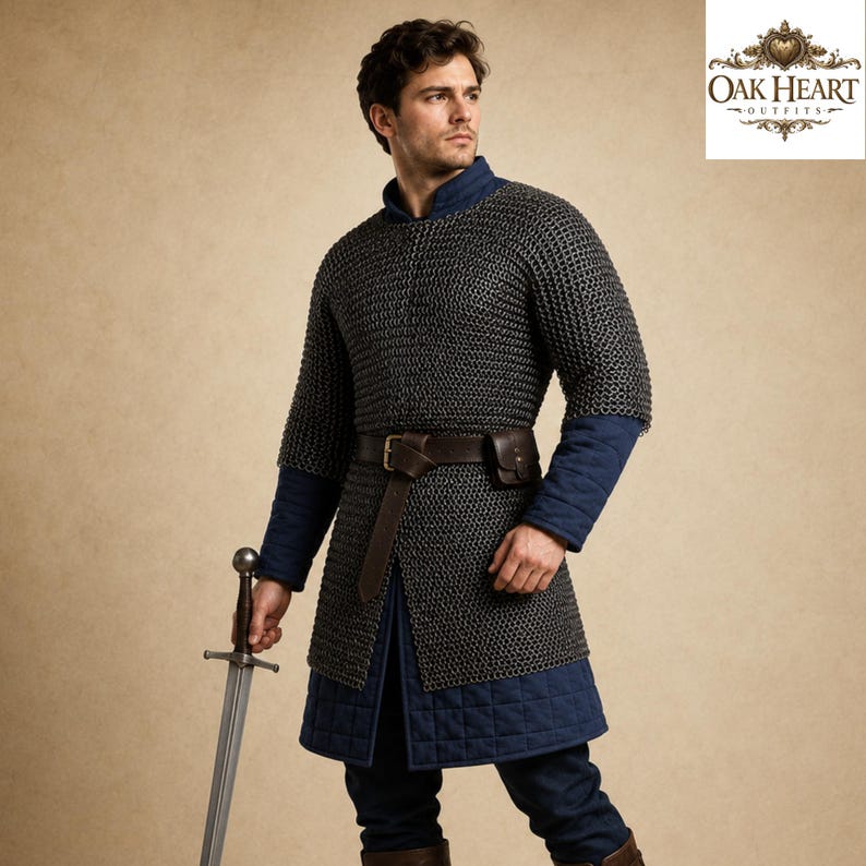 May include: A medieval chainmail shirt with blue quilted sleeves and a matching blue tunic. The shirt is worn with a brown leather belt and a small pouch. A silver sword is held in the hand. The logo for Oak Heart Outfits is in the upper right corner.