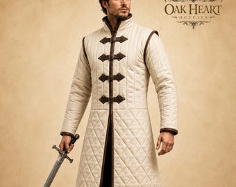 Chaqueta larga medieval tipo gambesón con ribete de cuero – Armadura para LARP y recreación histórica