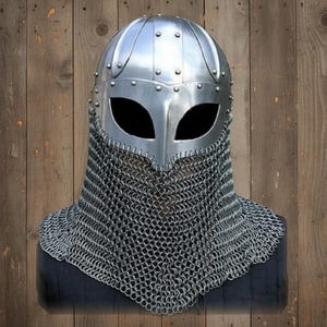18 Gauge Viking Chainmail Helmet – Medieval Battle Armor with Free Stand Only helmet