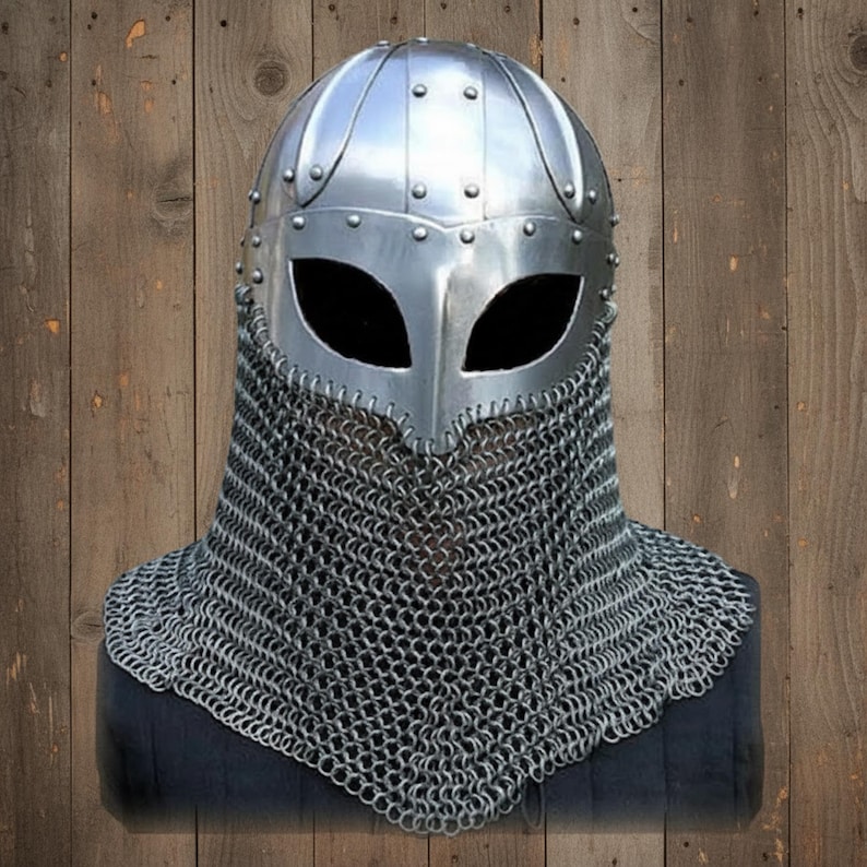 18 Gauge Viking Chainmail Helmet – Medieval Battle Armor with Free Stand Only helmet